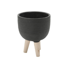 Vaso Concreto Preto Pé De Madeira Suculentas Flores Plantas D