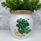 Vaso De Cerâmica Branco Estampa Folha Costela De Adão