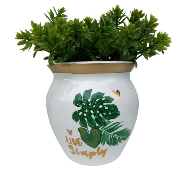 Vaso De Cerâmica Branco Estampa Folha Costela De Adão