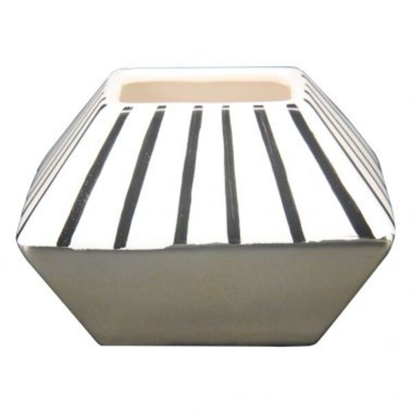 Vaso De Ceramica Com Listras Listrado Branco  Preto E Dourad