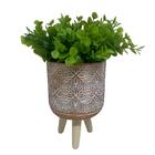 Vaso De Cerâmica Mosaico Com Tripé De Madeira E Planta