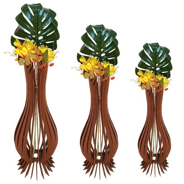 Vaso De Chão Decorativo Grande Ana Maria Mdf Marrom Kit Com 3