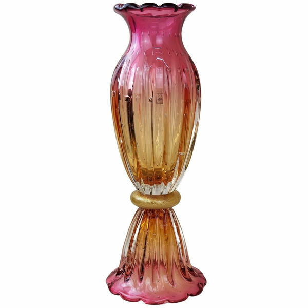 Vaso De Murano Cristais São Marcos Rosa E Âmbar Com Ouro 24k