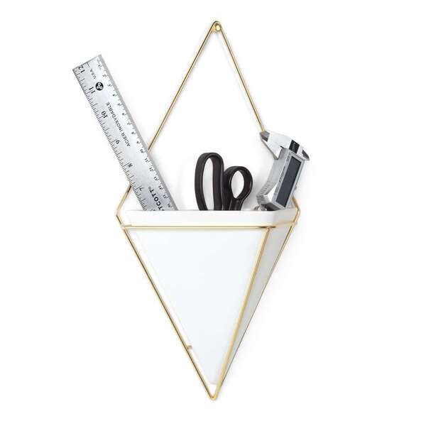 Vaso De Parede Trigg Grande Branco E Dourado