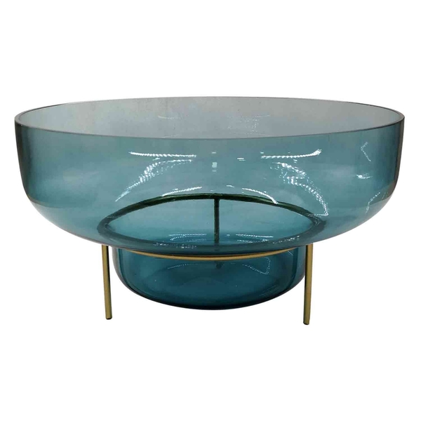 Vaso De Vidro Azul Com Suporte Dourado