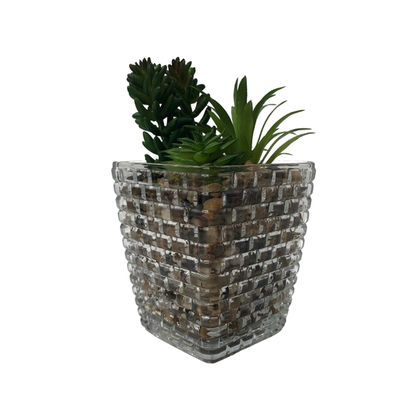 Vaso De Vidro Decorativo Com Suculenta Pedra:marrom