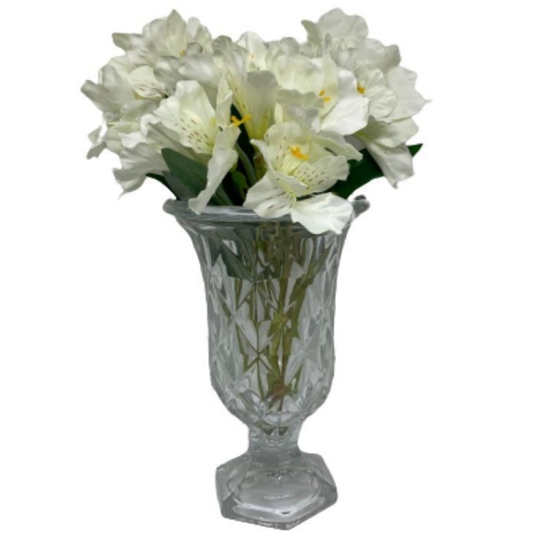 Vaso De Vidro Diamont Grande Com Flores Brancas