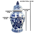 Vaso Decorativo Porcelana Azul E Branca Borda Dourada 38x18