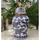 Vaso Decorativo Porcelana Azul E Branca Borda Dourada 38x18