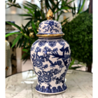 Vaso Decorativo Porcelana Azul E Branca Borda Dourada 38x18