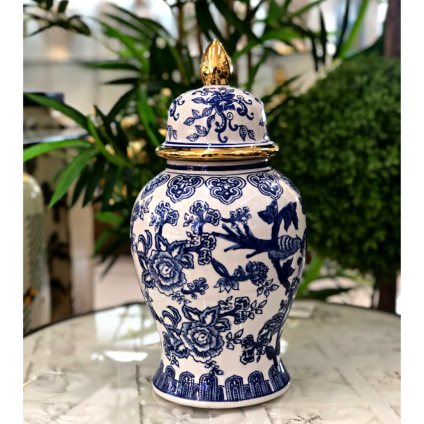 Vaso Decorativo Porcelana Azul E Branca Borda Dourada 38x18