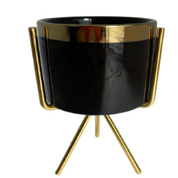 Vaso Em Porcelana Com Tripé Dourado 14 X 8,3cm Black Gold