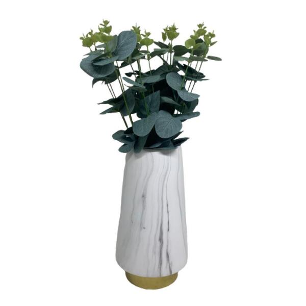 Vaso Grande Alto Luxo Marmorizado Com Base Dourada E Planta