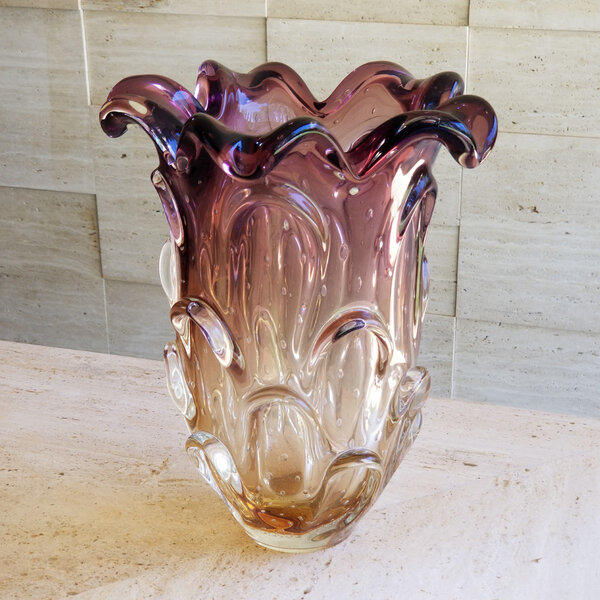 Vaso Grande De Murano São Marcos - Cor Lilás Com Âmbar