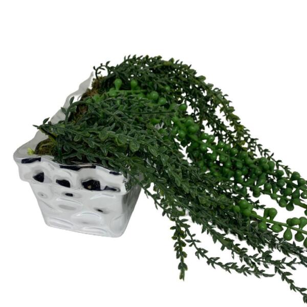 Vaso Prateado Cerâmico Com Trabalhado E Suculenta Artificial