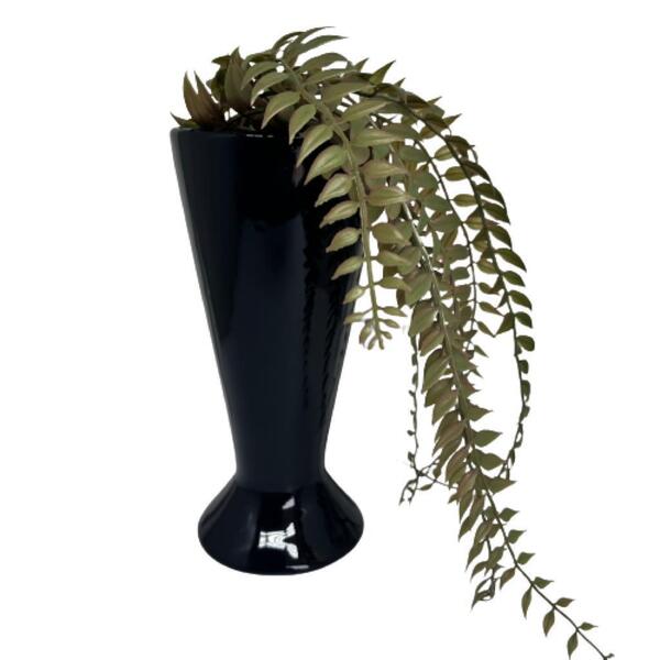 Vaso Preto Grande De Cerâmica Trabalhado Com Planta Caída