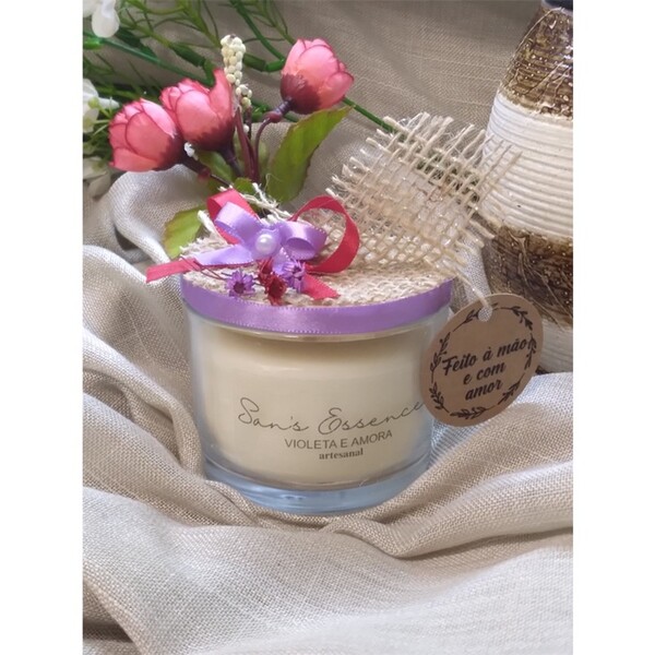 Vela Aromatizada Violeta E Amora Tampa De Madeira Decoração