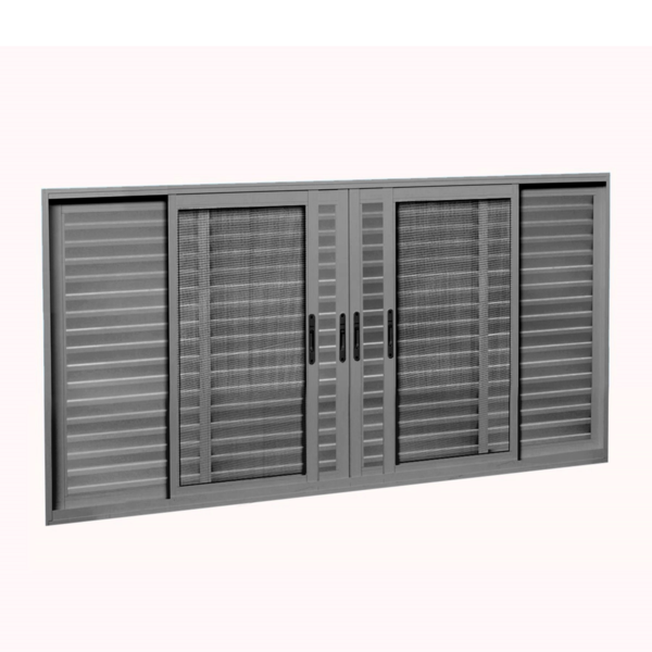 Janela Veneziana de Correr 6 Folhas Alumínio Pintado Cinza com Tela Mosquiteira Sob Medida Linha 25 OGB Esquadrias