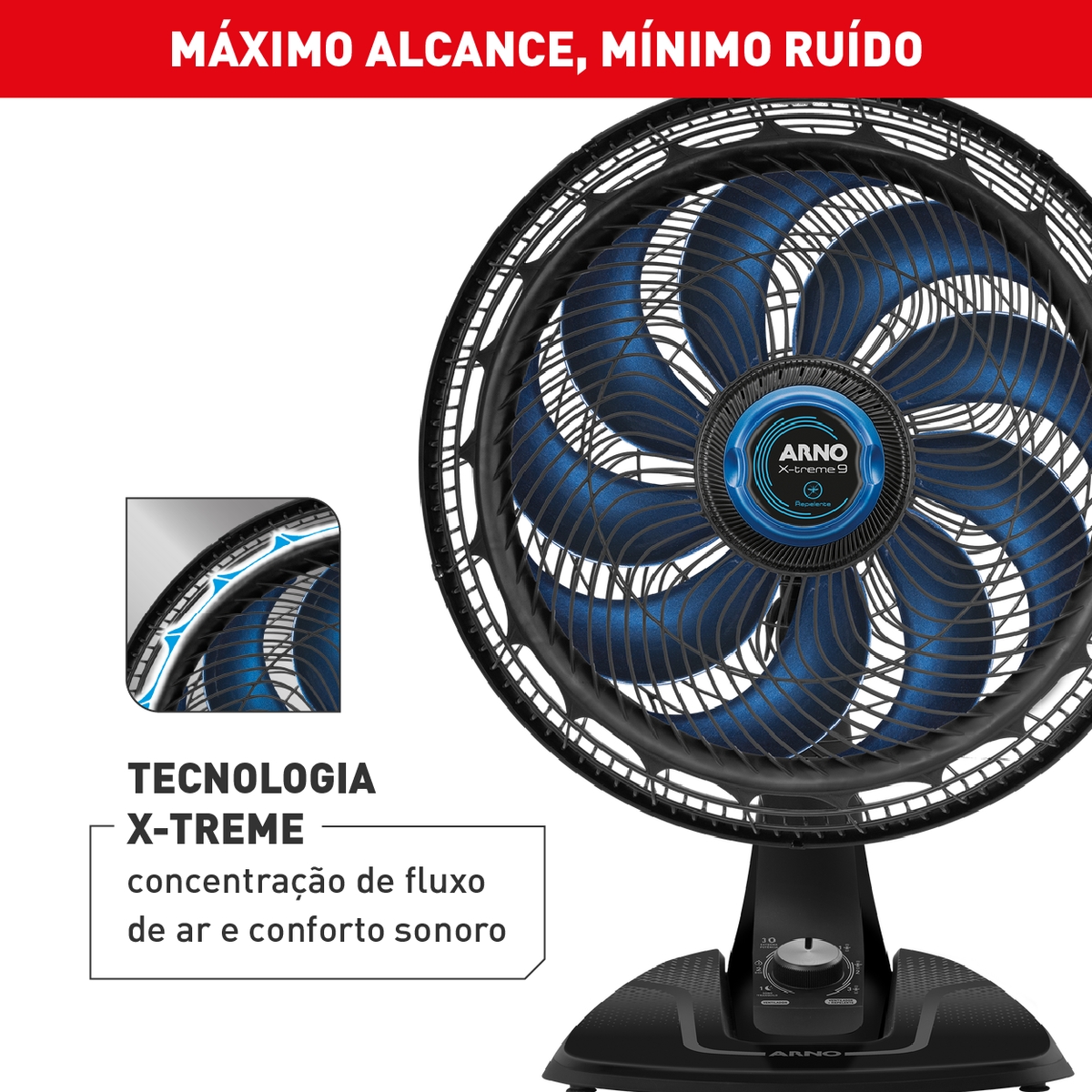 Ventilador de Mesa 40cm Arno X-TREME 9, 9 PÁS, 160W, Repelente Líquido VE95