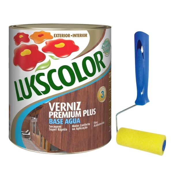 Verniz Base Água 900ml Madeira Lukscolor + Rolinho Espuma 9cm