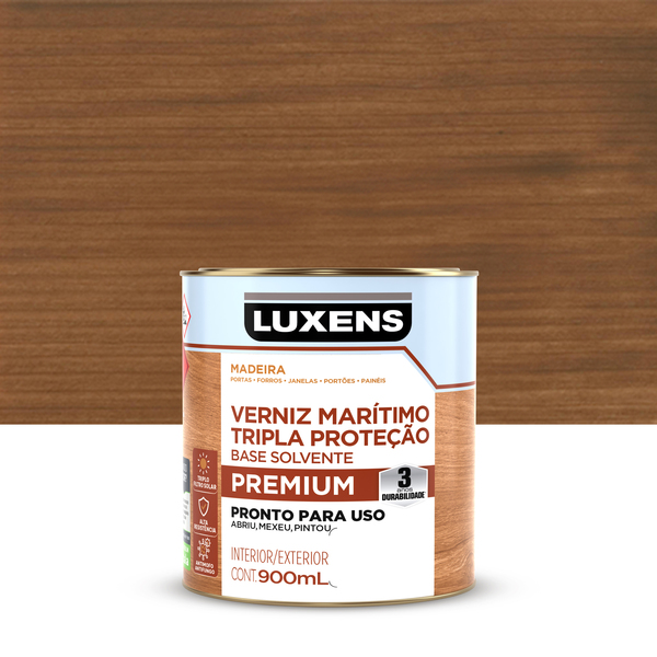 Verniz para Madeira Base Solvente Pronto para Uso Acetinado Tripla Proteção Imbuia 900ml Luxens