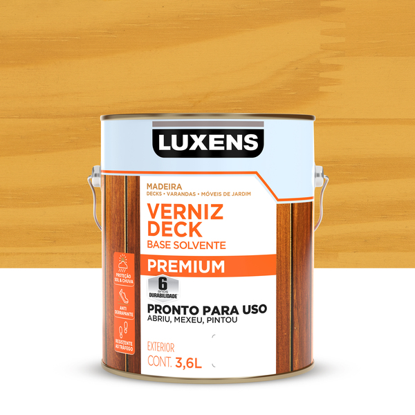 Verniz Deck para Madeira Base Solvente Pronto para Uso Semibrilho Pronto para Uso Natural 3,6L Luxens