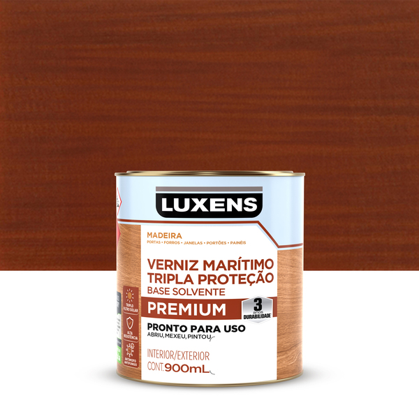 Verniz Maritimo para Madeira Base Solvente Acetinado e Brilhante Mogno 0,9L Luxens