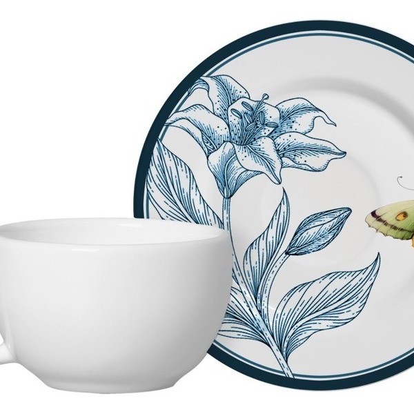 Xícara De Café Branca C/ Pires Blue Garden Alleanza