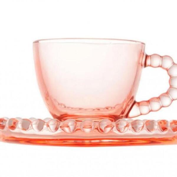 Xícara De Café Cristal Pires Coração Rosa 85ml - Wolff