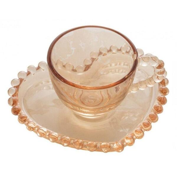 Xicara De Cha Com Pires De Coração Ambar Cristal 170ml