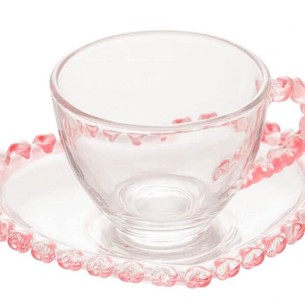 Xícara De Chá Cristal Coração Borda Rosa 170ml E Pires Lyor