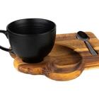 Xicara De Cha Ou Cafe E Bandeja Madeira Teca E Colher 195 Ml